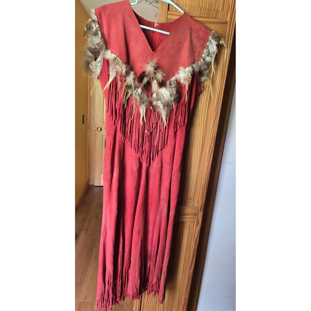 VTG Patricia Wolf Suede & Feather Fringe Dress ~80s Size L Wearable Art Cowgirl